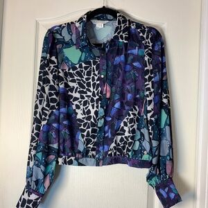 Apricot Cropped Blouse – Abstract & Giraffe Print, Purple Teal Mix, Long Sleeve